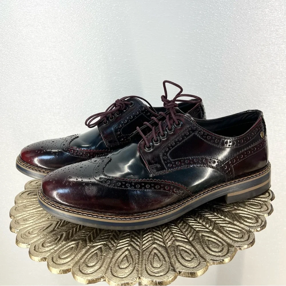 Base London Men’s Leather Brogue Wingtip Oxford Dress Shoes Burgundy‎